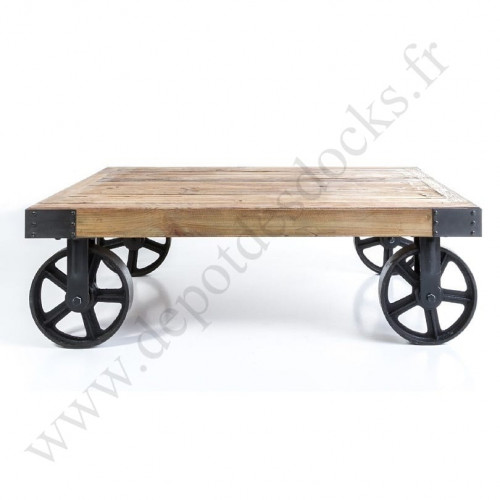 Table Basse Vintage industrielle Métal & Vieux Bois avec roues - 110x70x31 cm