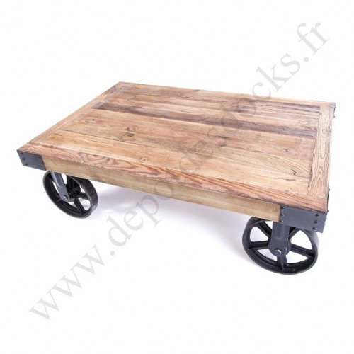 Table Basse Vintage industrielle Métal & Vieux Bois avec roues - 110x70x31 cm