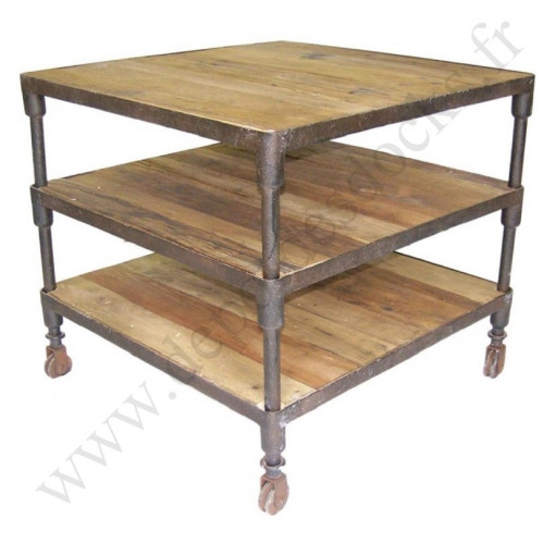 Desserte Vintage industrielle métal & Vieux Bois - 70x70x65 cm
