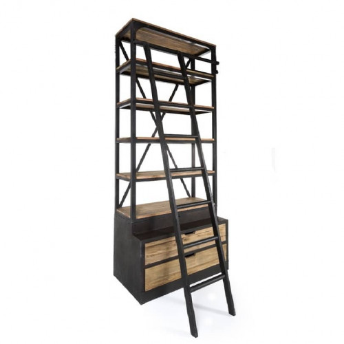 Etagère Vintage industrielle métal & Vieux Bois avec échelle
