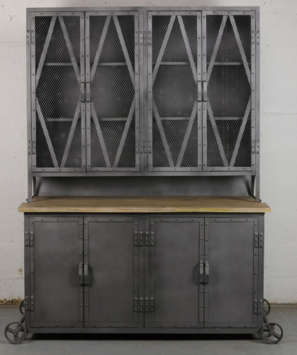 Buffet Atelier vintage industriel en métal & manguier massif ouvrant à 8 portes