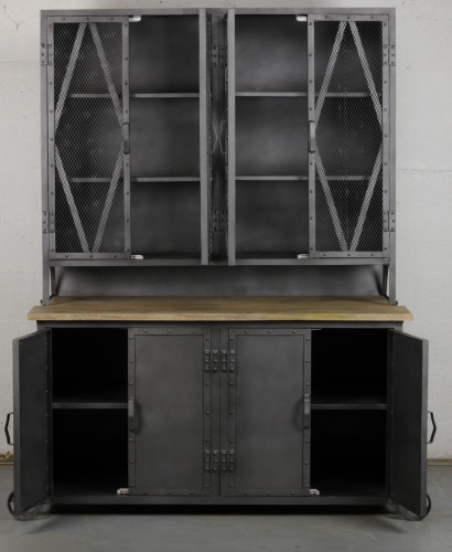 Buffet Atelier vintage industriel en métal & manguier massif ouvrant à 8 portes