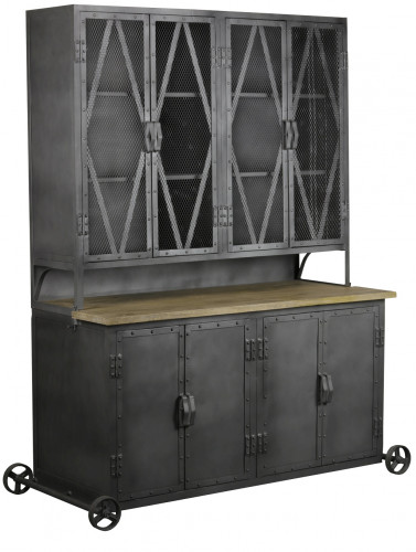 Buffet Atelier vintage industriel en métal & manguier massif ouvrant à 8 portes