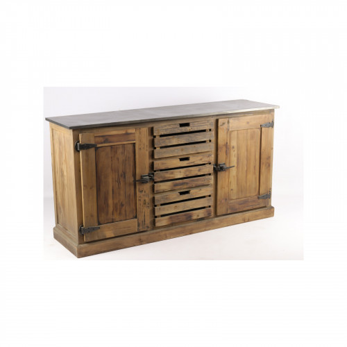Enfilade « Moss » industrielle 160x45 en bois naturel vieilli et plateau en Zinc acier