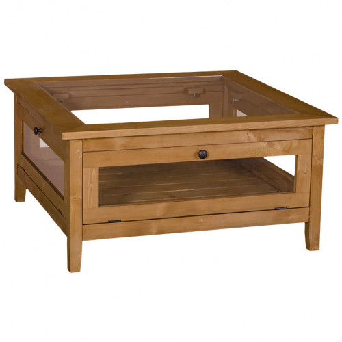 Table basse en pin massif plateau en verre - 90x90x45 cm