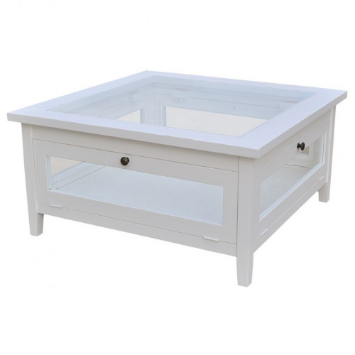 Table basse en pin massif plateau en verre - 90x90x45 cm