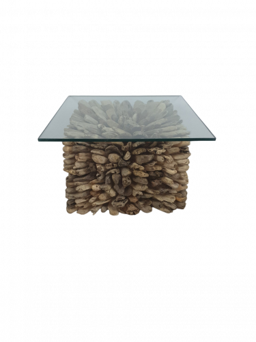 Table basse en bois flotté et plateau en verre