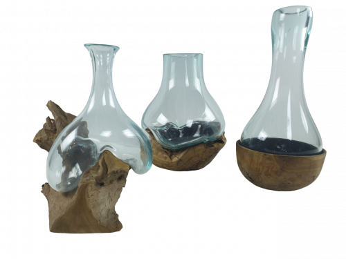 Vase en verre soufflé et Teck