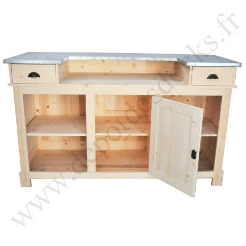 Comptoir Bar 180 cm en pin massif avec plateau en Zinc acier