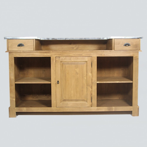 Comptoir Bar 180 cm en pin massif avec plateau en Zinc acier