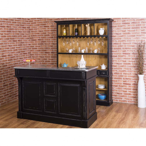 Comptoir Bar 180 cm en pin massif avec plateau en Zinc acier