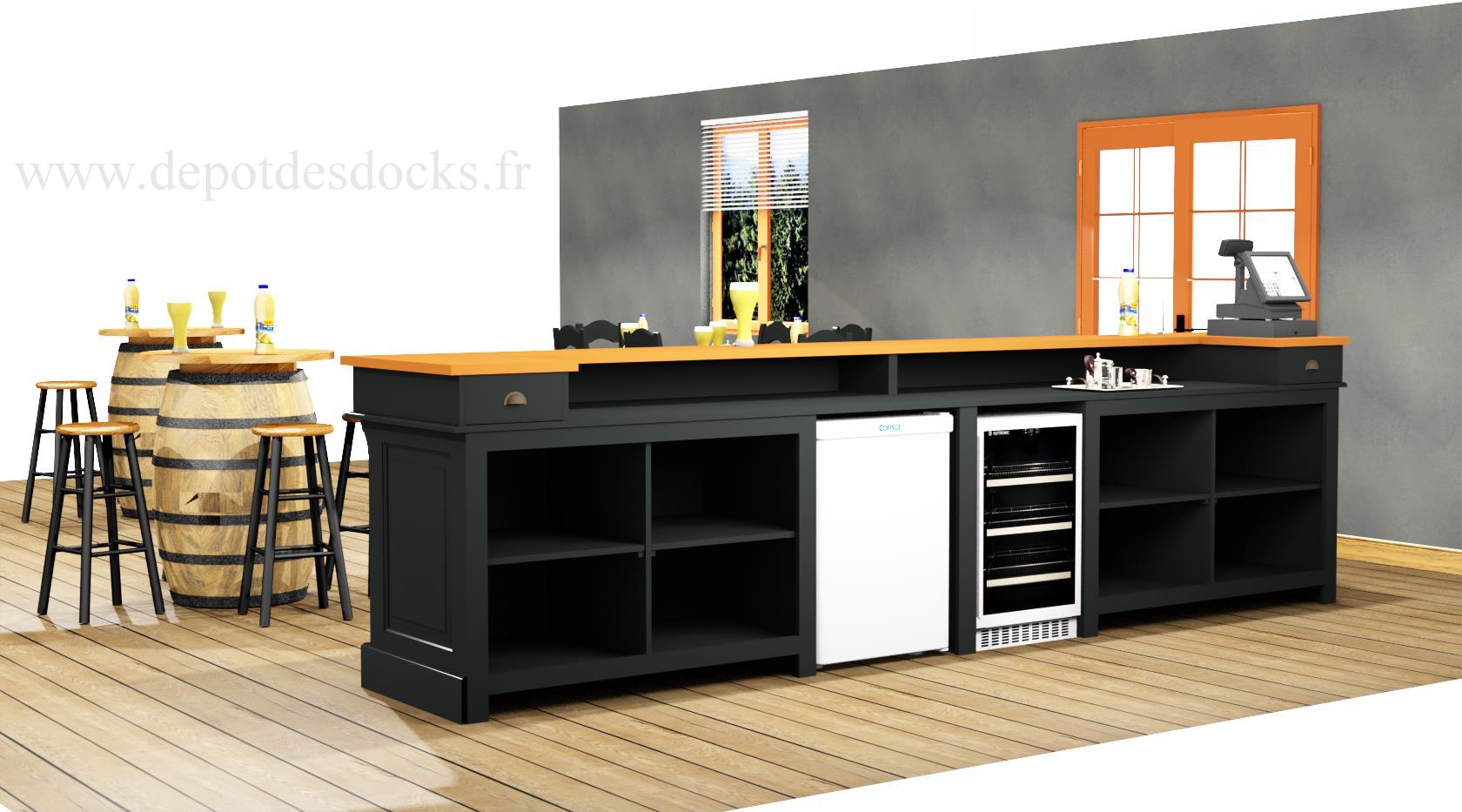 Comptoir bar en pin massif plateau acier Zingué - 240x65x107