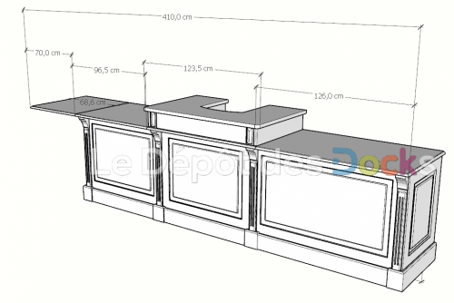 Comptoir Bar sur mesure 336x107x78 cm en pin massif avec plateau acier Zingué