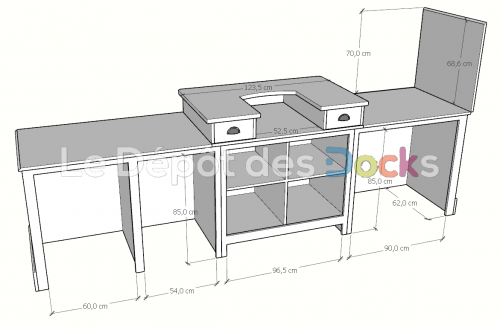 Comptoir Bar sur mesure 336x107x78 cm en pin massif avec plateau acier Zingué