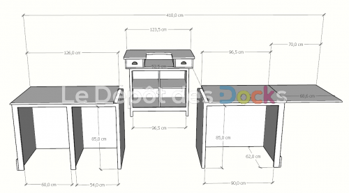 Comptoir Bar sur mesure 336x107x78 cm en pin massif avec plateau acier Zingué