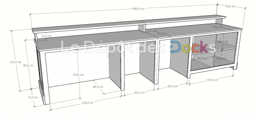 Comptoir Bar sur mesure 400x107x78 cm en pin massif avec plateau acier Zingué