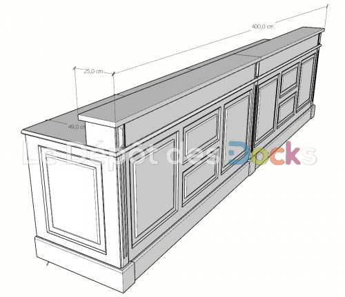 Comptoir Bar sur mesure 400x107x78 cm en pin massif avec plateau acier Zingué