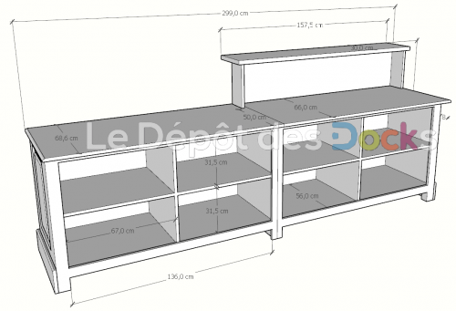 Comptoir Bar sur mesure 299x120x72 cm en pin massif avec plateau acier Zingué