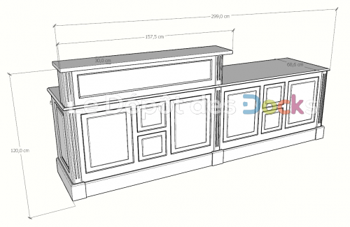 Comptoir Bar sur mesure 299x120x72 cm en pin massif avec plateau acier Zingué