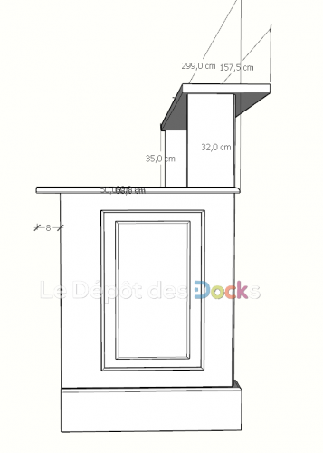 Comptoir Bar sur mesure 299x120x72 cm en pin massif avec plateau acier Zingué