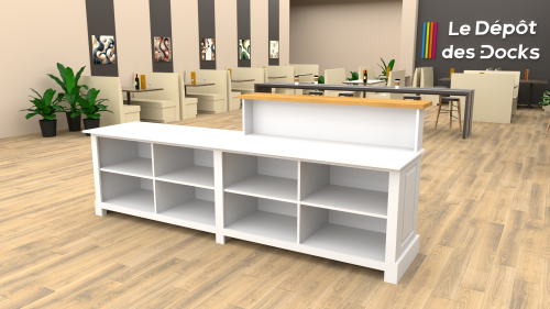 Comptoir Bar sur mesure 299x120x72 cm en pin massif avec plateau acier Zingué