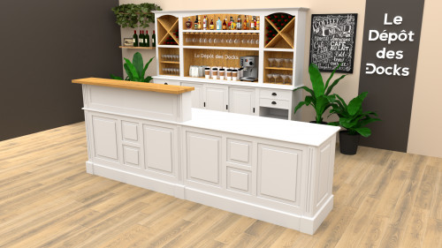 Comptoir Bar sur mesure 299x120x72 cm en pin massif avec plateau acier Zingué