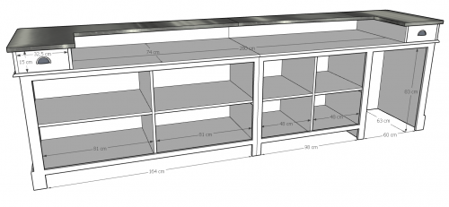 Comptoir Bar 360 cm - Plateau en acier Zingué et espace électroménager