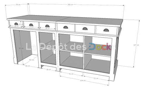Comptoir Bar sur mesure 240x107x78 cm en pin massif avec plateau acier Zingué