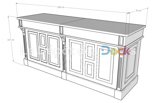 Comptoir Bar sur mesure 240x107x78 cm en pin massif avec plateau acier Zingué