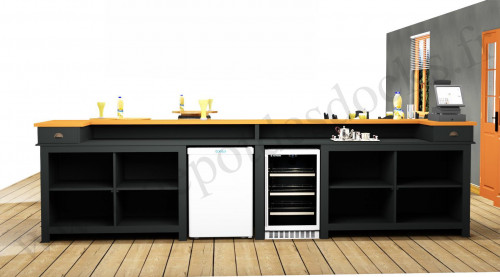 Comptoir Bar PROFESSIONNEL avec espace Lave-verres et machine à glaçons en pin massif plateau en acier Zingué - 400x78x107 cm