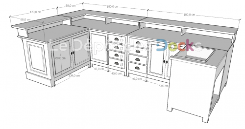Comptoir Bar d'angle sur mesure 208+360+153x107x98 cm en pin massif avec plateau acier Zingué