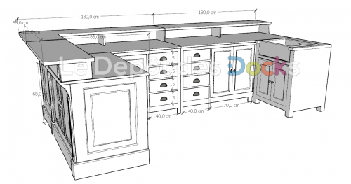 Comptoir Bar d'angle sur mesure 208+360+153x107x98 cm en pin massif avec plateau acier Zingué