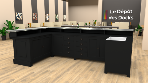 Comptoir Bar d'angle sur mesure 208+360+153x107x98 cm en pin massif avec plateau acier Zingué