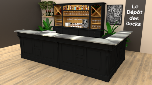 Comptoir Bar d'angle sur mesure 208+360+153x107x98 cm en pin massif avec plateau acier Zingué