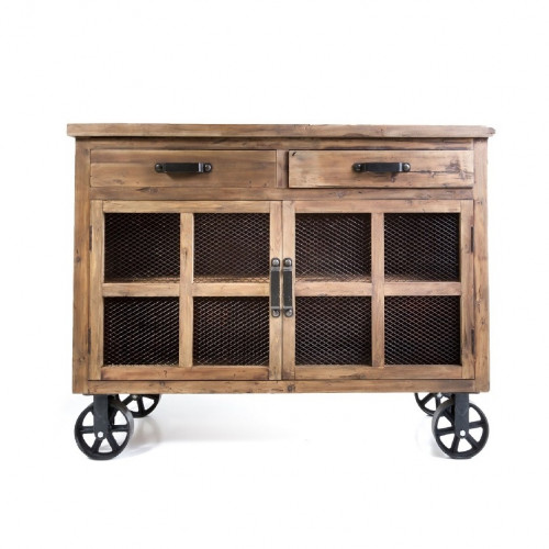 Buffet Trollet Vintage industriel métal & Vieux Bois avec roues - 140x50x107 cm