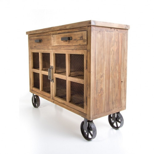 Buffet Trollet Vintage industriel métal & Vieux Bois avec roues - 140x50x107 cm