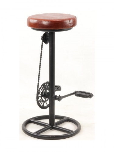 Original tabouret de bar pied pédalier métal noir assise cuir cigare