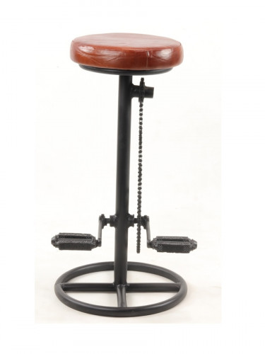 Original tabouret de bar pied pédalier métal noir assise cuir cigare