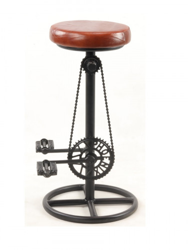 Original tabouret de bar pied pédalier métal noir assise cuir cigare