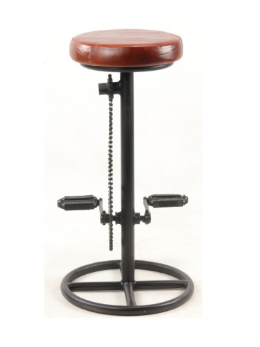 Original tabouret de bar pied pédalier métal noir assise cuir cigare