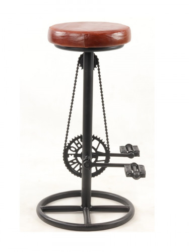 Original tabouret de bar pied pédalier métal noir assise cuir cigare