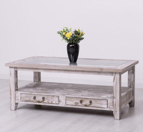 Table de salon en bois massif ROMANE plateau en verre - 120x65x48 cm