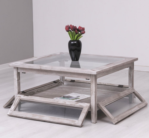 Table basse en pin massif plateau en verre - 90x90x45 cm