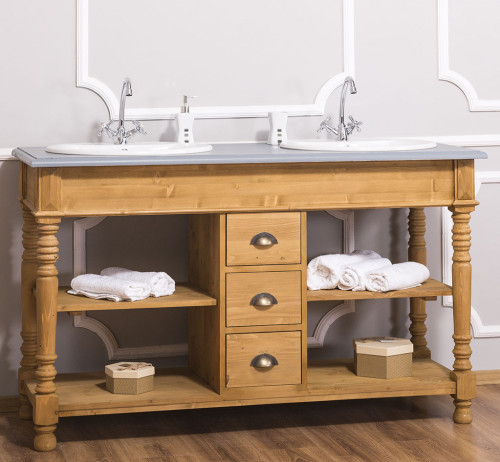 Meuble de salle de bain avec double vasques ROMANE en pin massif - 150x54x90