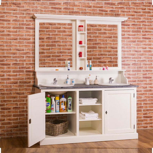 meuble de salle de bain avec double vasques et miroir ROMANE en pin massif - 174x60x210