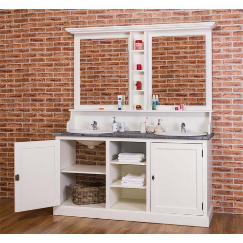 meuble de salle de bain avec double vasques et miroir ROMANE en pin massif - 174x60x210