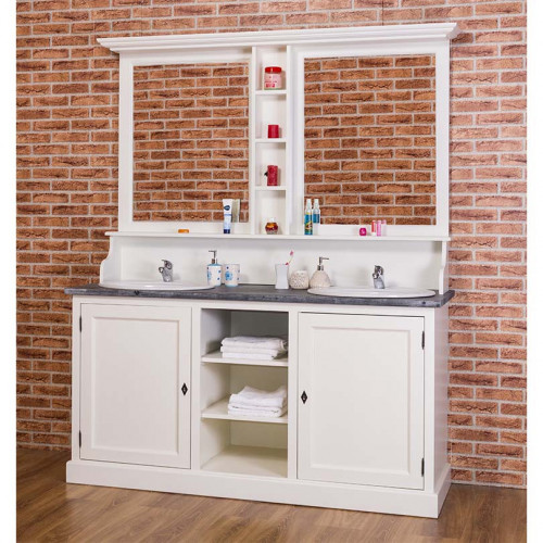meuble de salle de bain avec double vasques et miroir ROMANE en pin massif - 174x60x210