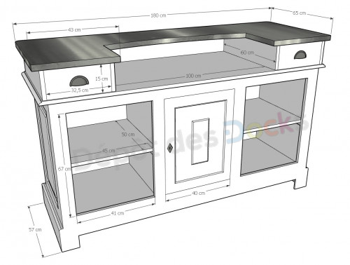 Comptoir Bar 180 cm en pin massif avec plateau en Zinc acier