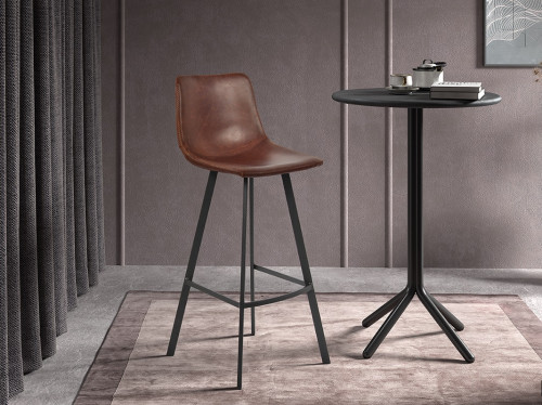 Tabouret de bar avec dossier style industriel assise simili cuir brun pieds métal noir - H108 cm