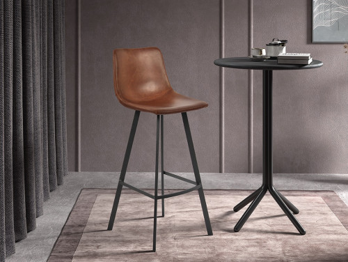 Tabouret de bar avec dossier style industriel assise simili cuir cognac pieds métal noir - H108 cm